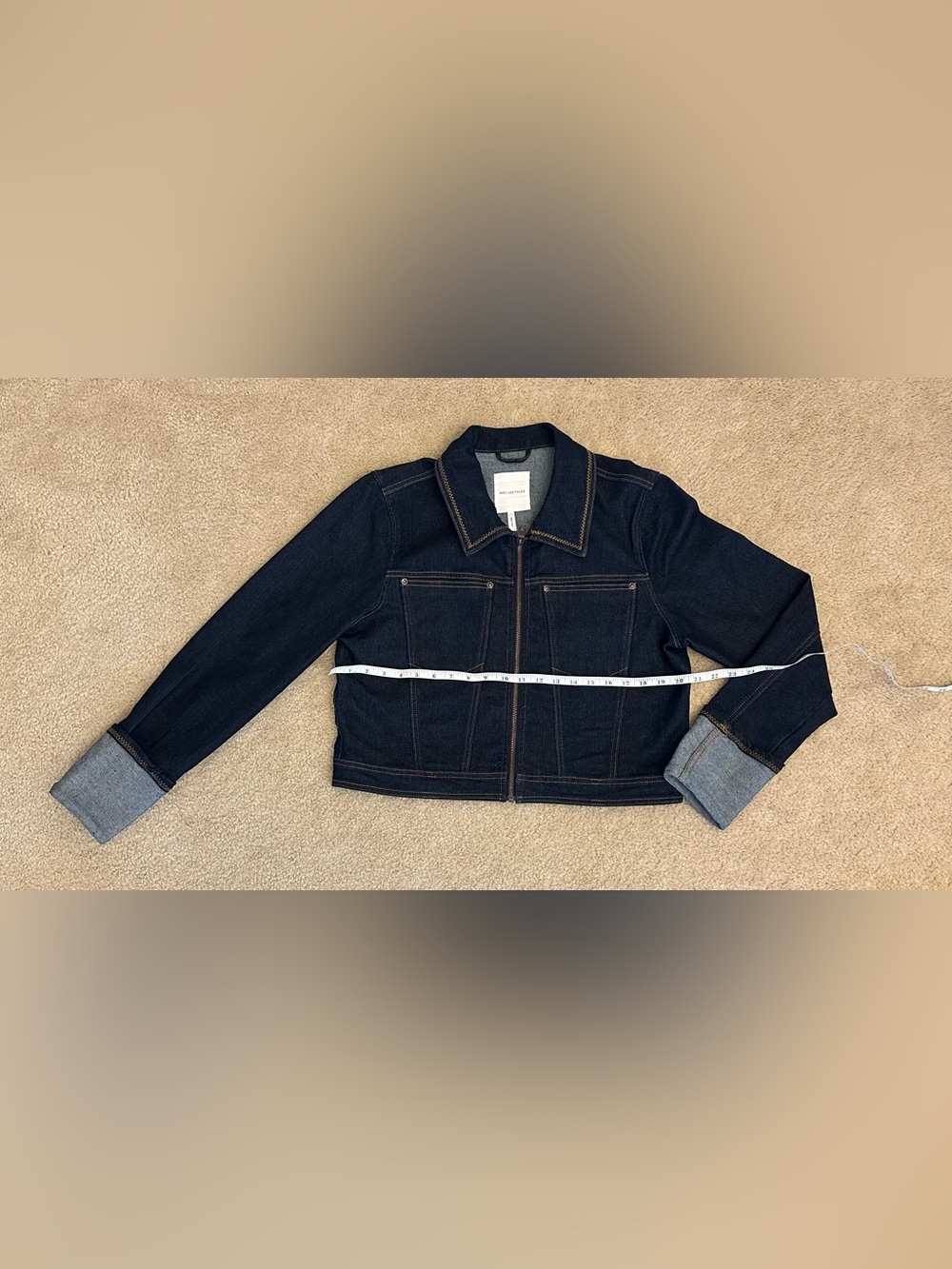Avec Les Filles Women’s Large Dark Blue Denim Zip Cuff Sleeve Jacket 70% Cotton